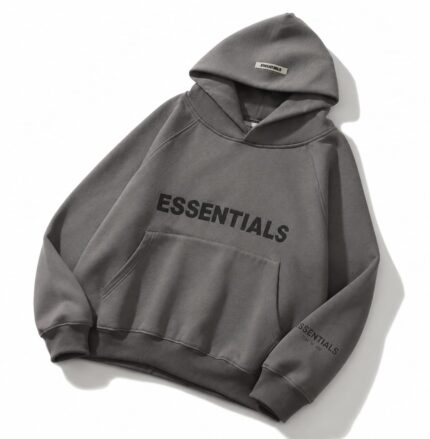 Dark grey Essentials hoodie for men and women, pullover style, casual winter wear.