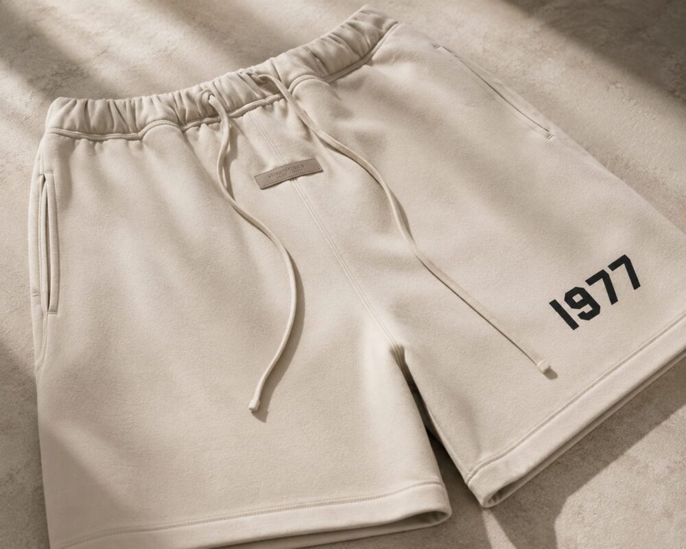Essentials 1977 Flocking Letter Shorts Apricot for Men & Women