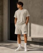 Unisex Essentials 1977 Flocking Letter Shorts Apricot Color